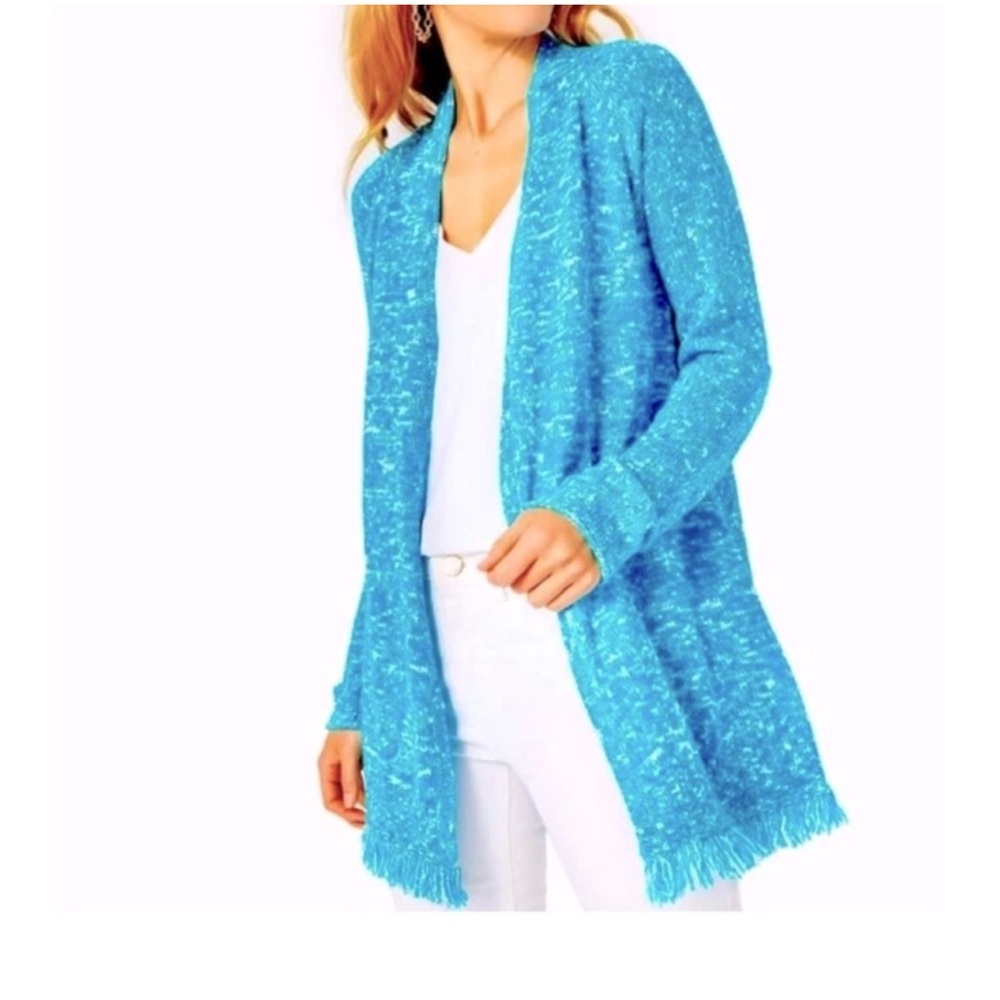 Lilly Pulitzer Turquoise Shore
MAVERY CARDIGAN Marled Raglan Fringe Blue